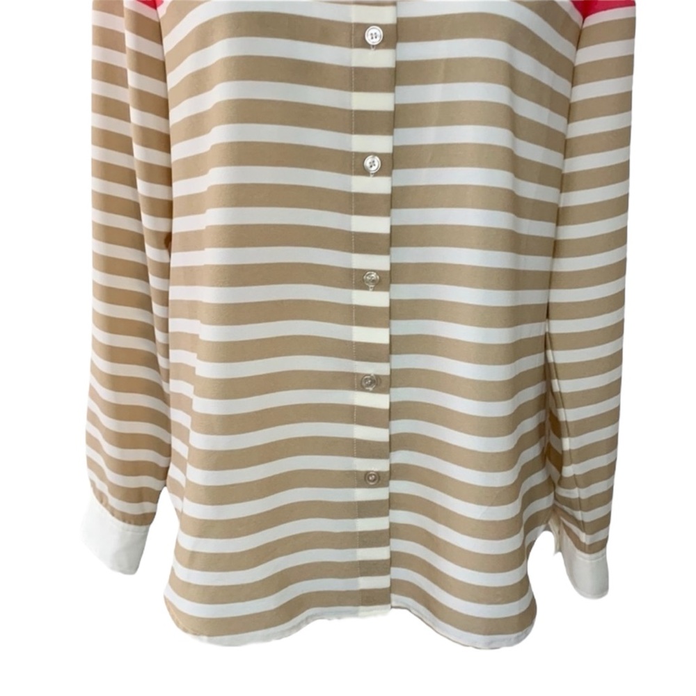 TALBOTS Button Up Stripped Blouse w/ Peter Pan Collar in Tan/Ivory/Pink Size 4 - Picture 7 of 10